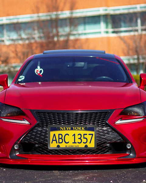 Front License Plate Mounting Kit With Black Aluminum Frame And Plastic Bumper Tag Adapter on red car