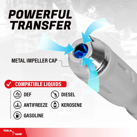 Heavy Duty Battery Operated Electric Chemical Transfer Pump With Adjustable Telescopic Suction Tube For Three To Twenty Gallon Drums Gas Cans And Pails Swivel Spout No Stress Duo Pack showing a metal impeller cap for liquid transfer.