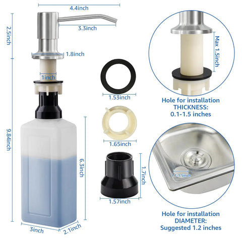 Diagram of Brushed Nickel Built-In Soap Dispenser For Kitchen Sink, Stainless Steel Pump Head With 17oz Bottle, installation details