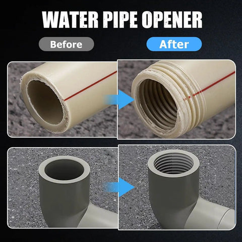 Before and after images showing the Heavy Duty Internal External Pipe Threading Tool For Half Inch Pvc And Ppr Lines results on pipes.