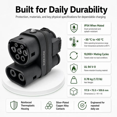 Close-up of Super Hella Reliable CCS1 To CCS2 EV Charger Adapter Plug And Play Fast Charging Connector with specs.