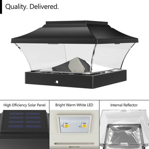 Solar Outdoor Post Cap Light in slate black with bright warm white LEDs, auto on at dusk, for 4x4 5x5 6x6 posts, 4 pack
