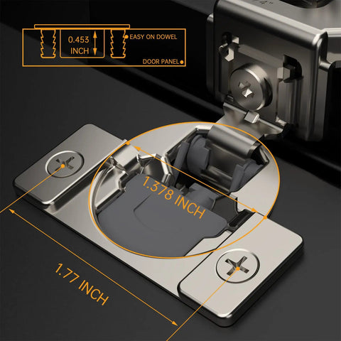 Straight Up Fifty Pack One Quarter Inch Overlay Soft Close Concealed Kitchen Cabinet Hinges For Face Frame Setup With No Sweat Dowels And Premium Satin Nickel Hardware close up showing measurements and design details.