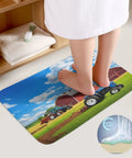 Woman standing on Farm Tractor Print Bath Rug from 2 Piece Non Slip U Shaped Contour Toilet Mat And Plush Bath Mats
