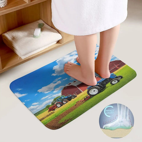 Woman standing on Farm Tractor Print Bath Rug from 2 Piece Non Slip U Shaped Contour Toilet Mat And Plush Bath Mats
