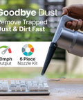 Ultra Electric Air Duster Blower in use cleaning keyboard outdoors, showcasing 60mph output and 6 piece nozzle kit
