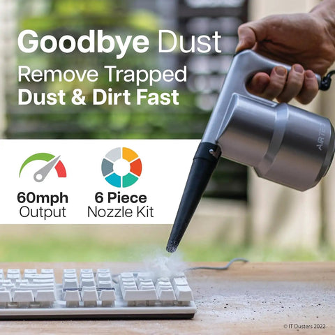 Ultra Electric Air Duster Blower in use cleaning keyboard outdoors, showcasing 60mph output and 6 piece nozzle kit