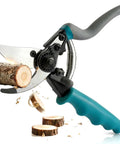 Heavy Duty Pruning Shears With Kinetic Swivel Handle For No Sweat Garden Trimming, Arthritis Friendly Bypass Clippers cutting a branch.