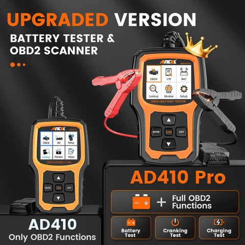 Two In One OBD2 Car Diagnostic Scanner And Battery Tester with display showing upgrade version for cars and motorcycles