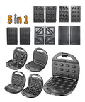 5 in 1 Electric Waffle Maker With Non Stick Coating For Quick Cooking Of Donuts Cake And Panini Presses, various plates and shapes shown.