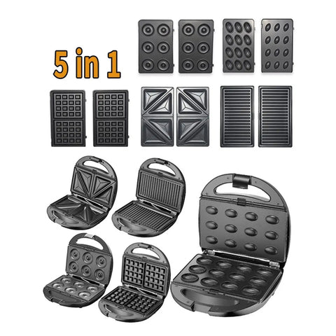 5 in 1 Electric Waffle Maker With Non Stick Coating For Quick Cooking Of Donuts Cake And Panini Presses, various plates and shapes shown.