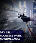 Spray painting a car in automotive shop using DeVilbiss air dryer with Desiccant Cartridge Replacement For CT30 Filter Pro Grade 0.1 Micron Filtration.