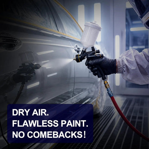 Spray painting a car in automotive shop using DeVilbiss air dryer with Desiccant Cartridge Replacement For CT30 Filter Pro Grade 0.1 Micron Filtration.