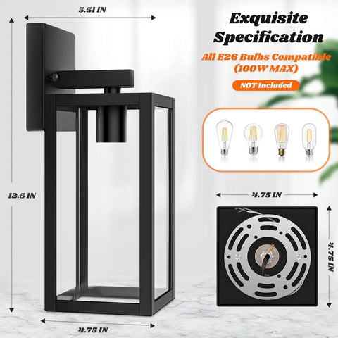 Built Tough 2 Pack Waterproof Outdoor Wall Lanterns, Rust Resistant Black Sconces With Shatterproof Clear Glass, Front Porch And Garage Lighting That Actually Works Every Single Day, Bulbs Not Included, measuring 12.5 inches tall.