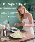 Woman measuring soy wax flakes with scale next to melting pot and wicks for Premium Candle Making Kit With Wax Melter For DIY Scented Candles Includes Glass Jars And Tin Containers Scents And Color Dyes Thermometer Stirring Spoon 8 Wax Packs 8 Fragrances 16 Dye Blocks For Easy At Home Crafting.