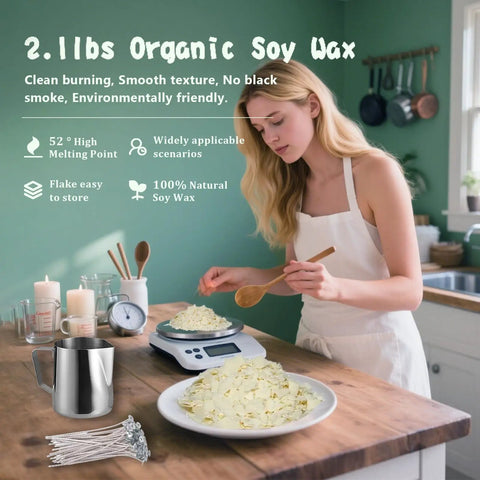 Woman measuring soy wax flakes with scale next to melting pot and wicks for Premium Candle Making Kit With Wax Melter For DIY Scented Candles Includes Glass Jars And Tin Containers Scents And Color Dyes Thermometer Stirring Spoon 8 Wax Packs 8 Fragrances 16 Dye Blocks For Easy At Home Crafting.