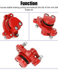 Red caliper component of Mini Bike Brake Lever Kit With Caliper Replacement And 61 Inch Cable for Powersports Mini Bikes.