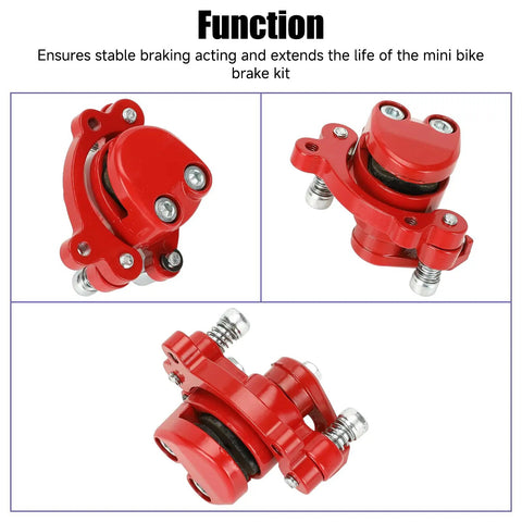 Red caliper component of Mini Bike Brake Lever Kit With Caliper Replacement And 61 Inch Cable for Powersports Mini Bikes.