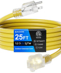 Heavy Duty 25 Foot 12 Gauge Outdoor Extension Cord With Lighted End, Waterproof 3 Prong SJTW 15A 1875W Yellow Cable