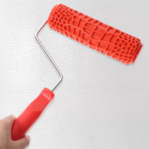 Decorative Texture Roller With Handle for Faux Wood Wall Finish Painting shows a red rubber roller on a white background.