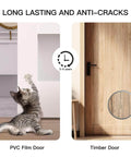 Comparison of PVC film door with a cat and timber door with magnifying glass showing cracks, highlighted for durability and anti-cracks.