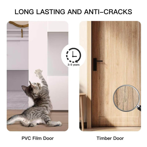 Comparison of PVC film door with a cat and timber door with magnifying glass showing cracks, highlighted for durability and anti-cracks.