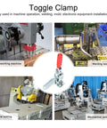 Beefy Toggle Clamp With Quick Release Hold Down Fixture for metal plates and circuit boards shown in various machine work applications.