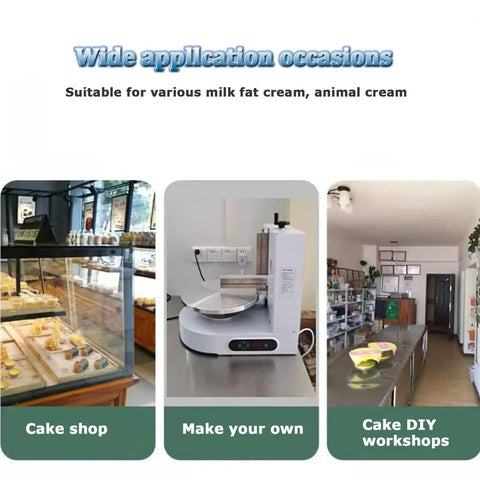 Automatic Cake Coating And Smoothing Machine For 4 To 12 Inch Cakes in shop and DIY settings with stainless steel turntable.