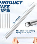 Six Pack Heavy Duty Screen Door Springs Three Eighths Inch By Six And A Half Inch Zero Point Zero Four Seven Inch Thick Dual Hook Tension Springs displayed with measurements and packaging details.