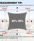Diagram showing measurements and installation tips for a 12x16 Ft Dark Grey Waterproof Rectangular Sun Shade Sail.