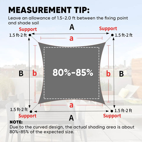 Diagram showing measurements and installation tips for a 12x16 Ft Dark Grey Waterproof Rectangular Sun Shade Sail.