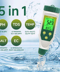 5 In 1 Water Tester With LCD Backlit For pH TDS EC Salt And Temperature Readings Digital Meter with water splash background