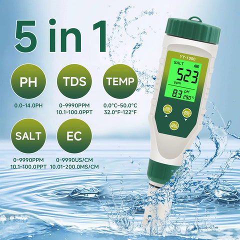5 In 1 Water Tester With LCD Backlit For pH TDS EC Salt And Temperature Readings Digital Meter with water splash background