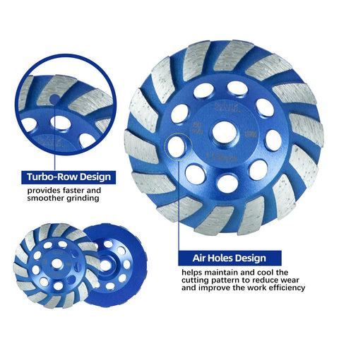 Four And A Half Inch Concrete Grinding Wheel Set With Three Pieces Featuring Turbo Diamond Segments Five Eighth To Eleven Arbor Fourteen Segments