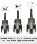 Heavy Duty Pipe Threader Kit For Electric Drill Includes 0.5 And 0.75 Inch Plastic Pvc Tap Die Set With Internal External Dual Function Threading Tool Plus Gloves And Red Teflon Tape For Quick Plumbing Jobs showing 1/2", 3/4", and 1" pipe tap dies for versatile use.