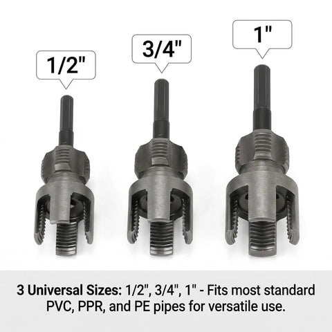 Heavy Duty Pipe Threader Kit For Electric Drill Includes 0.5 And 0.75 Inch Plastic Pvc Tap Die Set With Internal External Dual Function Threading Tool Plus Gloves And Red Teflon Tape For Quick Plumbing Jobs showing 1/2", 3/4", and 1" pipe tap dies for versatile use.