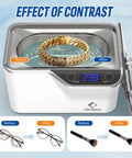 Front view of LifeBasis ultrasonic jewelry cleaner in white with digital timer and a bracelet inside.