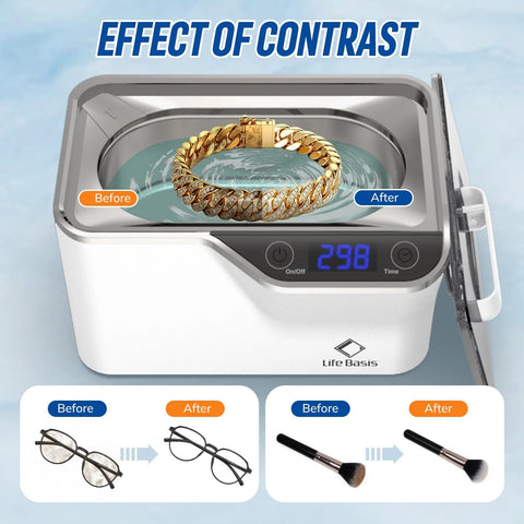 Front view of LifeBasis ultrasonic jewelry cleaner in white with digital timer and a bracelet inside.