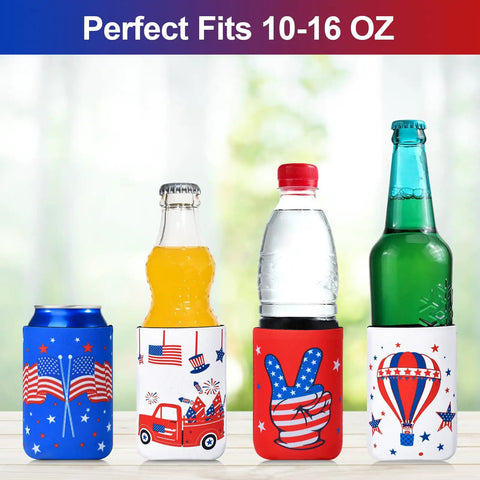 Red White Blue Can Cooler Sleeves 12 Pack For Fourth Of July Independence Day Party Favors displayed on bottles and cans