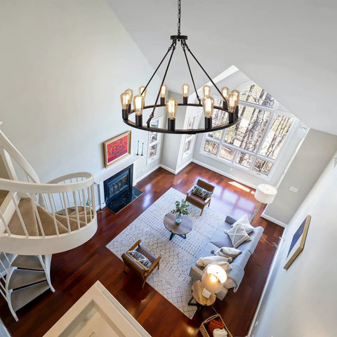 12 Light Black Wagon Wheel Chandelier For Dining Rooms And Kitchen Islands Dimmable Cozy Rustic Farmhouse Pendant Lighting With 12 E26 Sockets Ideal For High Ceilings Foyer Living Room And Porch in modern living room view from above
