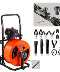 16 Piece Drain Snake Drill Attachment Heavy Duty Drain Auger Cutter Kit includes orange and black machine with cutting heads.