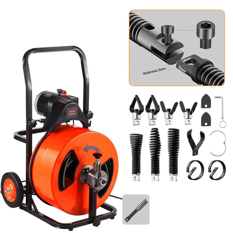 16 Piece Drain Snake Drill Attachment Heavy Duty Drain Auger Cutter Kit includes orange and black machine with cutting heads.