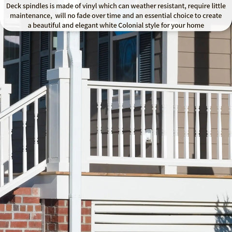 Top Shelf White Vinyl Deck Railing Balusters Colonial Style Outdoor Porch Fence Spindles Hella Durable Weatherproof Railing Kit For Sleek Home Exterior Makeovers Easy Install Backyard Setup on a porch.