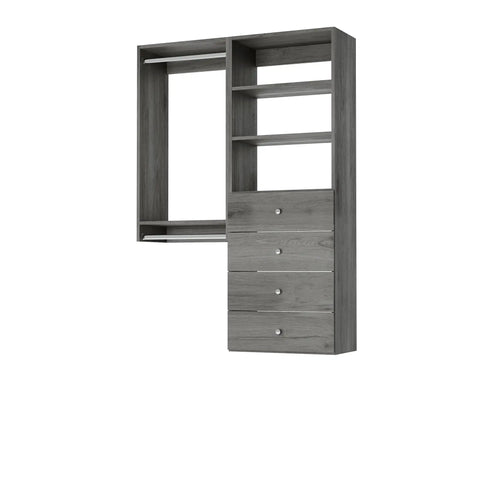 Fully Assembled Grey Closet Organizer Kit With Double Hanging Rods, Shelves, And Drawers As A 54 Inch Corner Unit showcasing gray finish and spacious design.