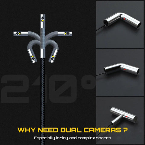 Dual Lens Articulating Borescope With Light, Ultra Thin 0.25in Probe showing dual cameras and 210-degree flexibility for inspection