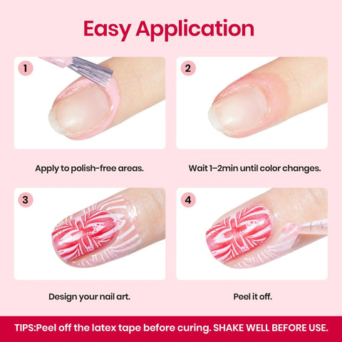 Steps for using Colored Liquid Latex For Nails Peel Off Barrier 15ml with plastic nail stick for easy manicure cleanup.