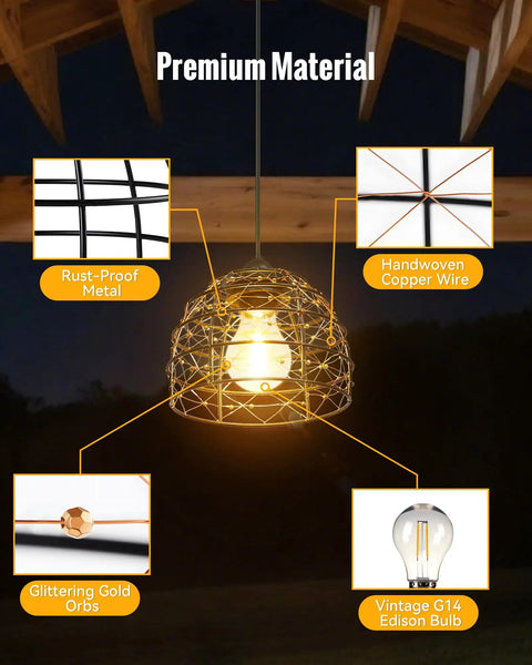 Top Rated Solar Pendant Chandelier Set Of Two With Smart Remote And Custom Hourly Timer featuring rust-proof metal, handwoven copper wire design.