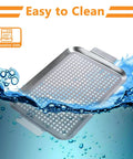 Grill Pan Set Of 2 Stainless Steel Perforated Grilling Baskets With Handles For Outdoor BBQ floating in water with easy to clean text.