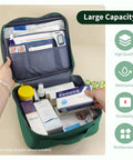 Open view of Grab And Go Empty First Aid Bag For Outdoor Use showcasing compartments with medical supplies, green 600D Oxford cloth.