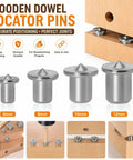 Pro Grade Heavy Duty Dowel And Tenon Center Transfer Plugs Set with sharp point, four sizes shown, 6mm to 12mm for woodworking